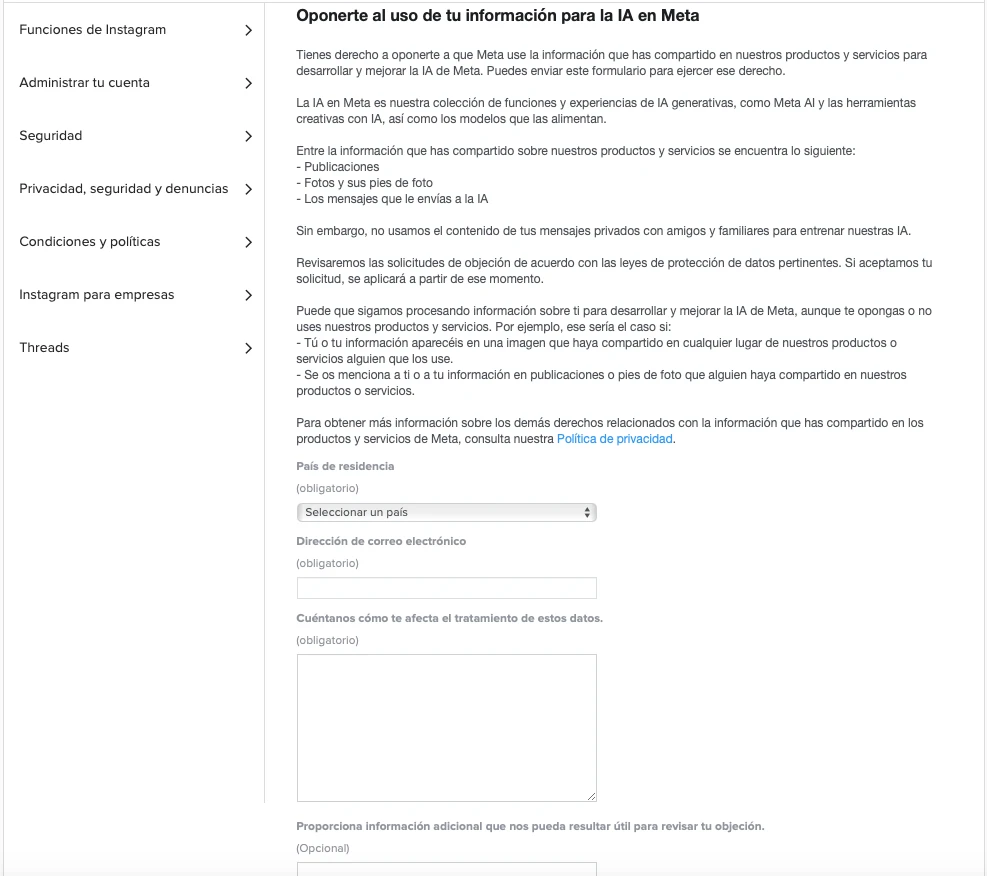form to oppose Instagram training