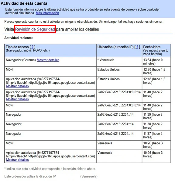 Gmail account activity