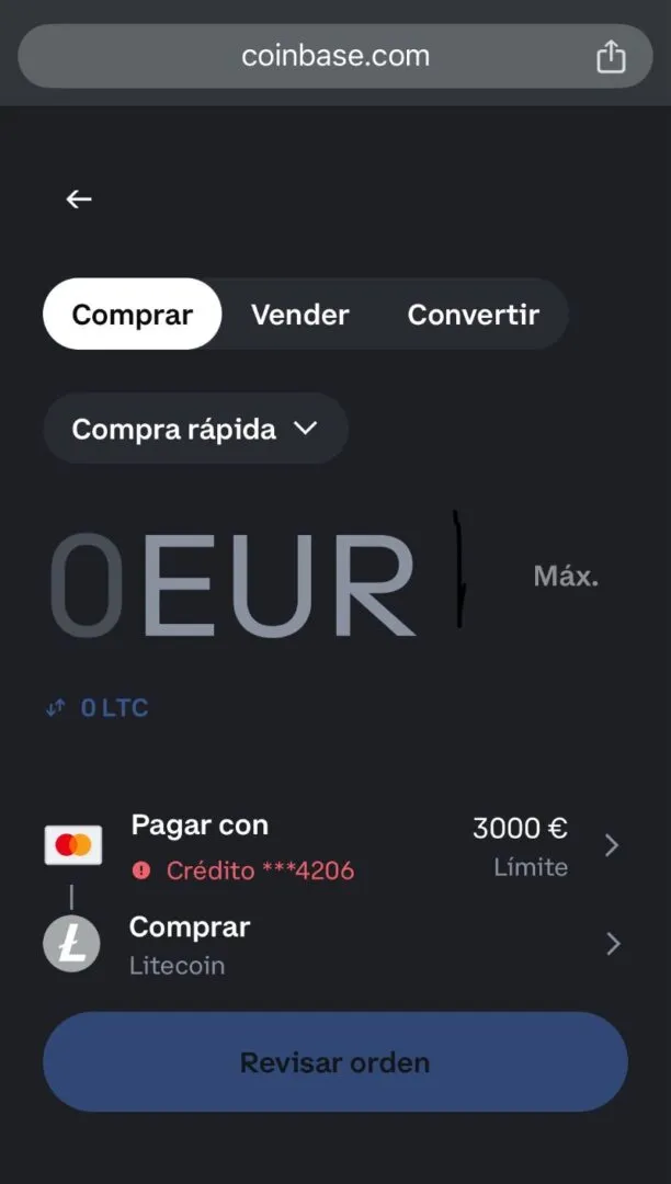 Litecoin amount selection screen 