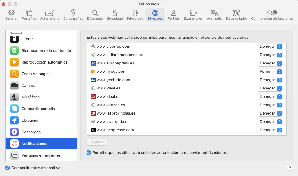 disable web notifications in Safari